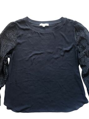 LOFT Black Blouse with Embellished Sheer Sleeves